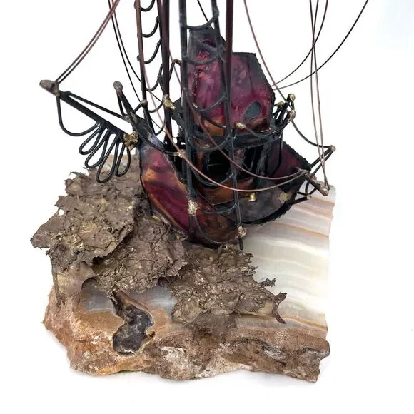 Vintage Nautical Decor Sculpture Copper Metal Sailboat On Marble Stone Base - Picture 2 of 10